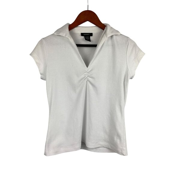 Express Womens White Collared Short Sleeve Top M Cotton Spandex Blend - Picture 1 of 4